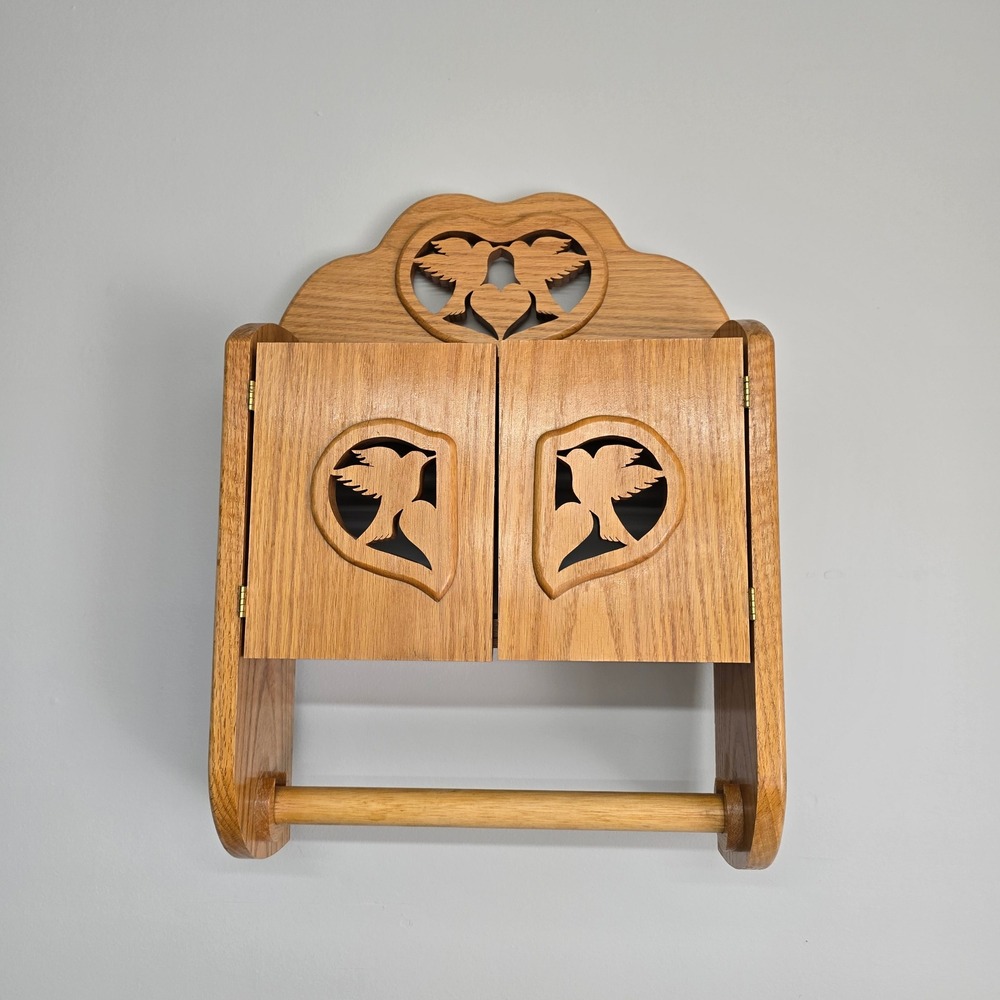 Vintage Wood Wall Cabinet Towel Holder Brown Love Bird Heart Cutout Cottagecore